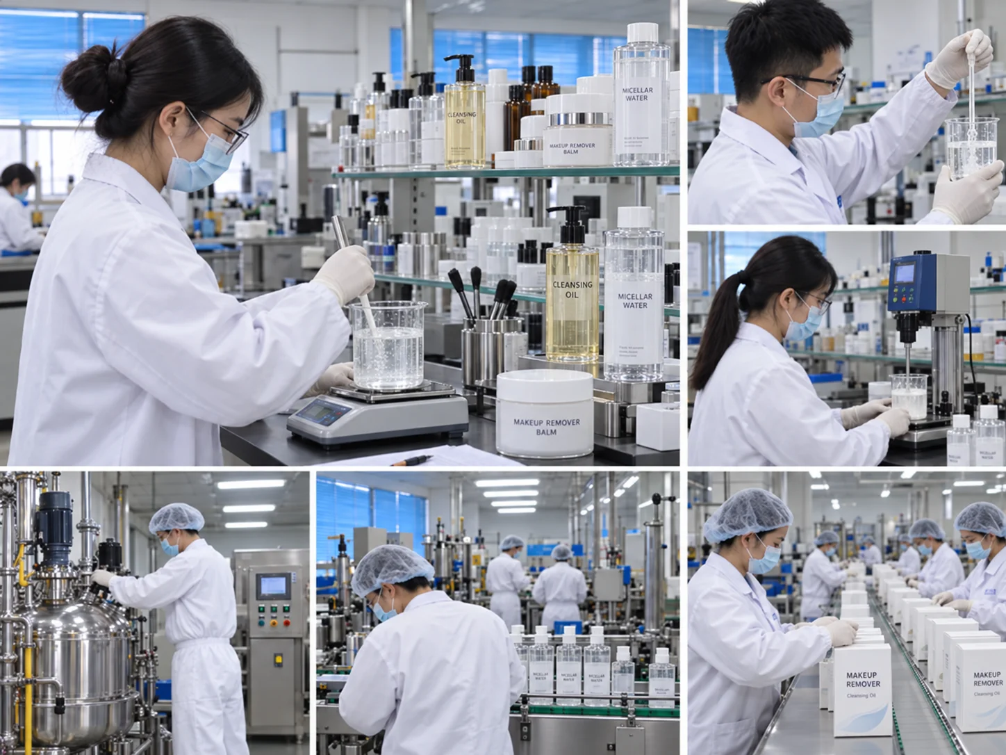 Scientists in a laboratory mixing and testing cosmetics, including makeup remover and cleansing oil, in a sterile environment.